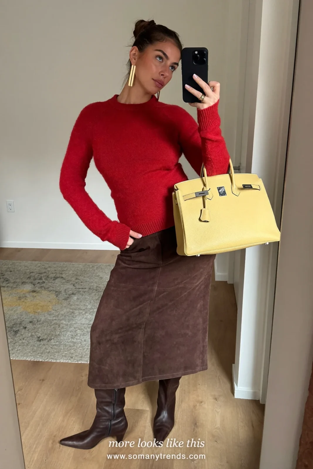Cherry red knit sweater, chocolate brown suede midi skirt, brown pointed knee-high boots and butter yellow bag, outfit 3