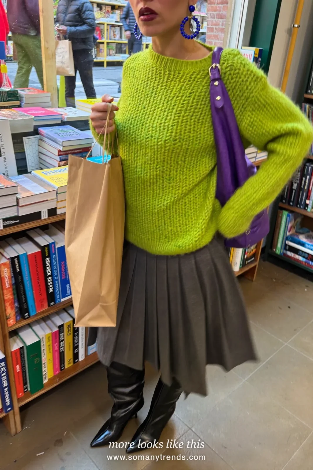 Lime green chunky knit, charcoal pleated midi skirt, black pointed knee-high boots and violet bag, outfit 4