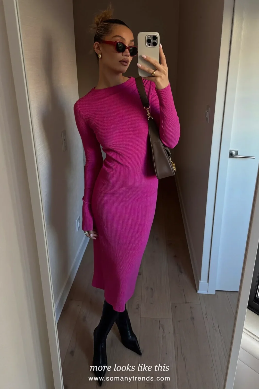 Fuchsia ribbed knit midi dress, black opaque tights, black pointed knee-high boots and brown shoulder bag, outfit 6