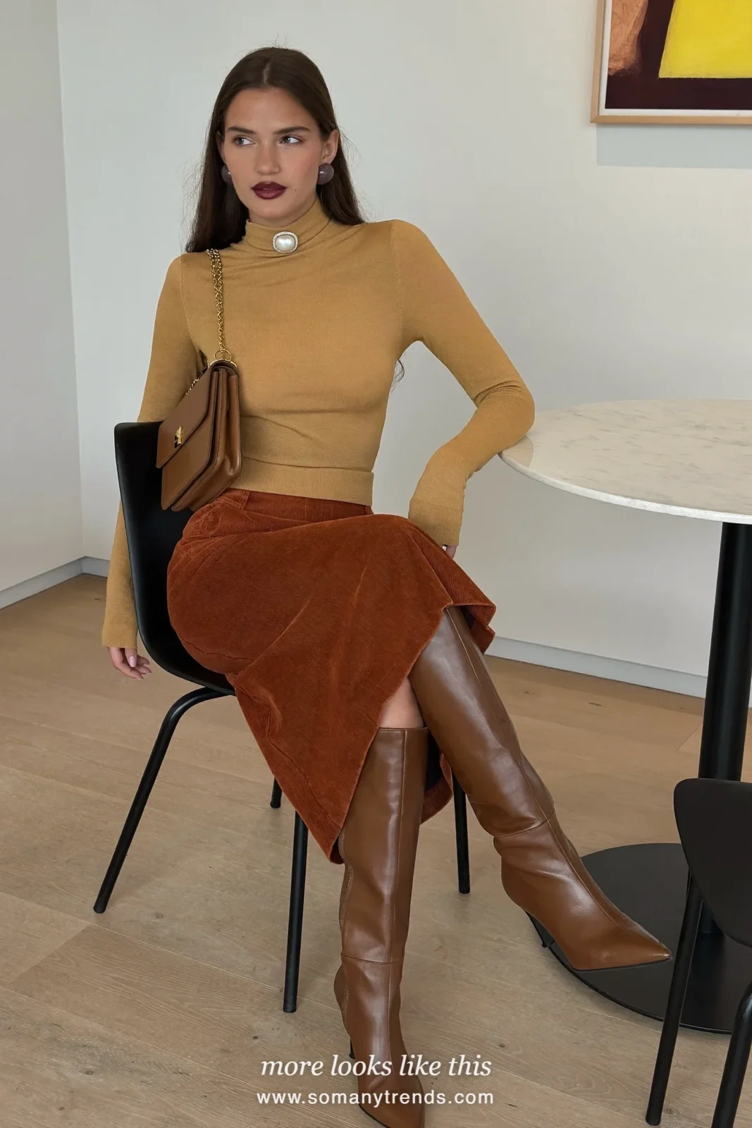 Camel turtleneck, rust corduroy midi skirt and brown pointed knee-high boots, outfit 10