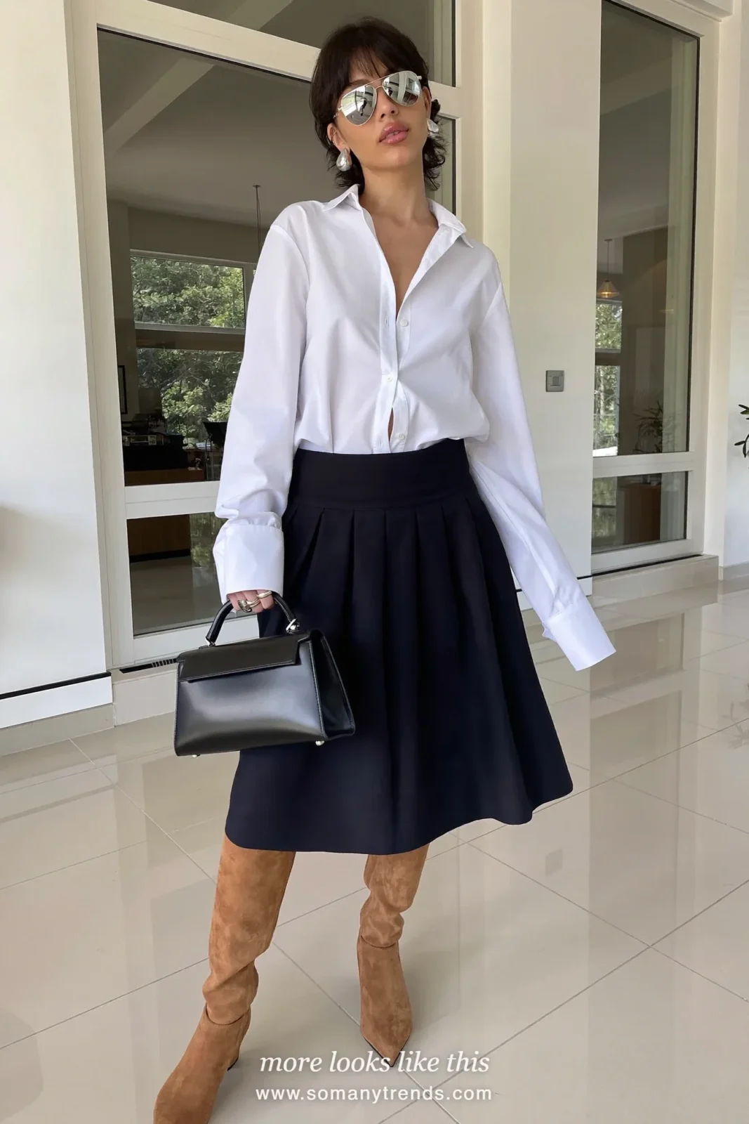 White poplin shirt, navy wool midi skirt and tan pointed knee-high boots, outfit 11