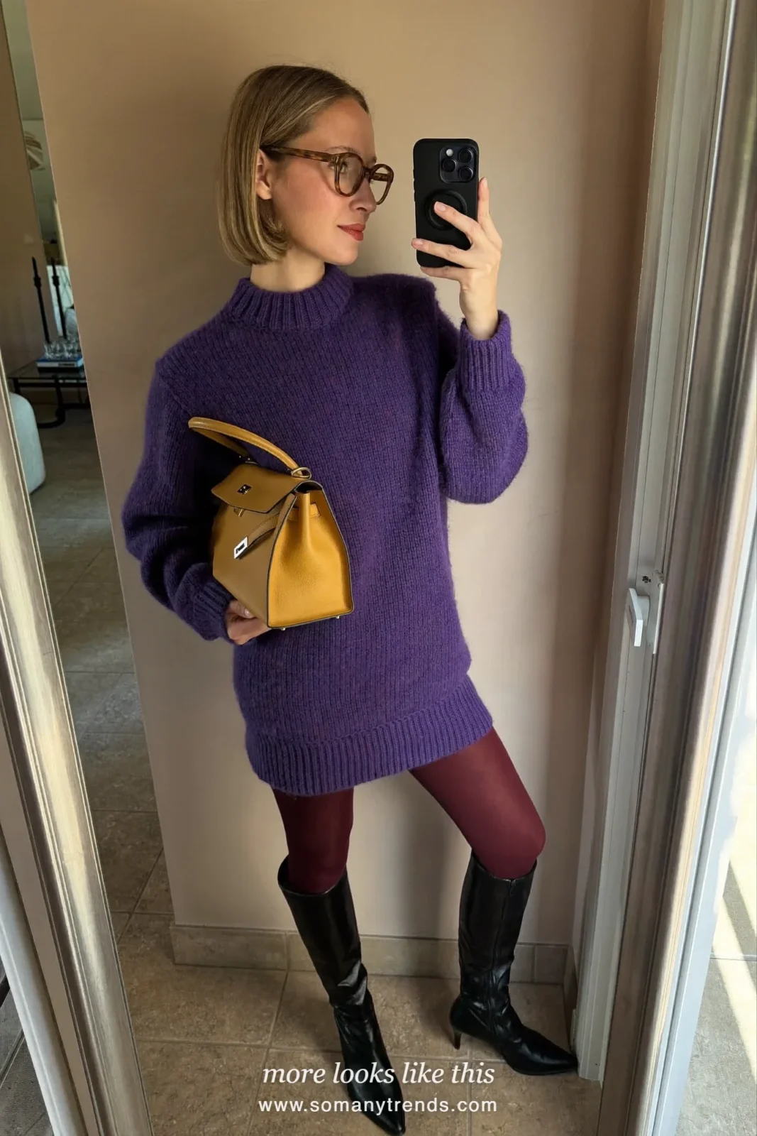 Violet knit sweater dress to the knee, burgundy opaque tights, black pointed knee-high boots and mustard bag, outfit 15