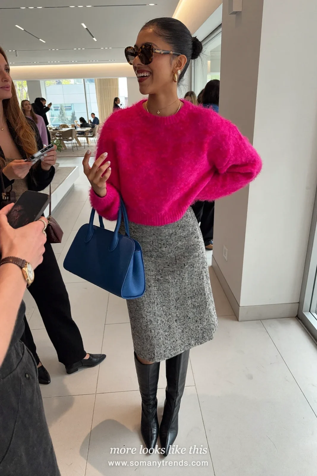 Hot pink knit sweater, gray tweed midi skirt, black pointed knee-high boots and cobalt blue bag, outfit 27