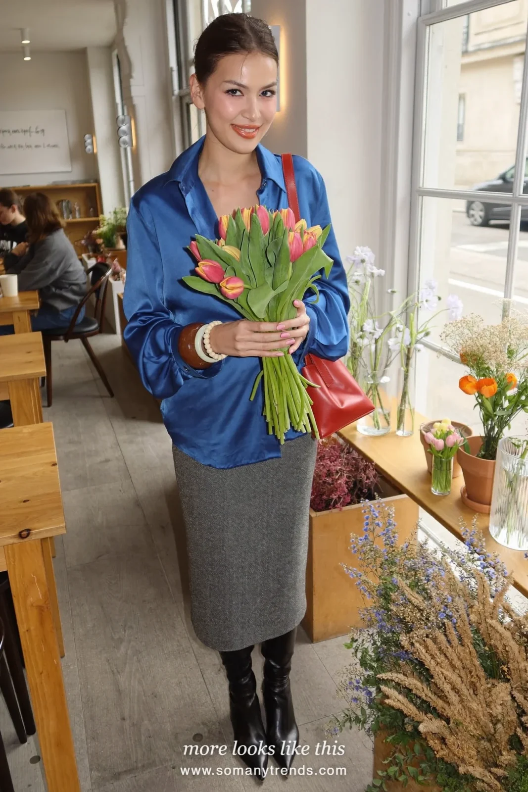Cobalt blue satin shirt, gray tweed midi skirt, black pointed knee-high boots and cherry red shoulder bag, outfit 2