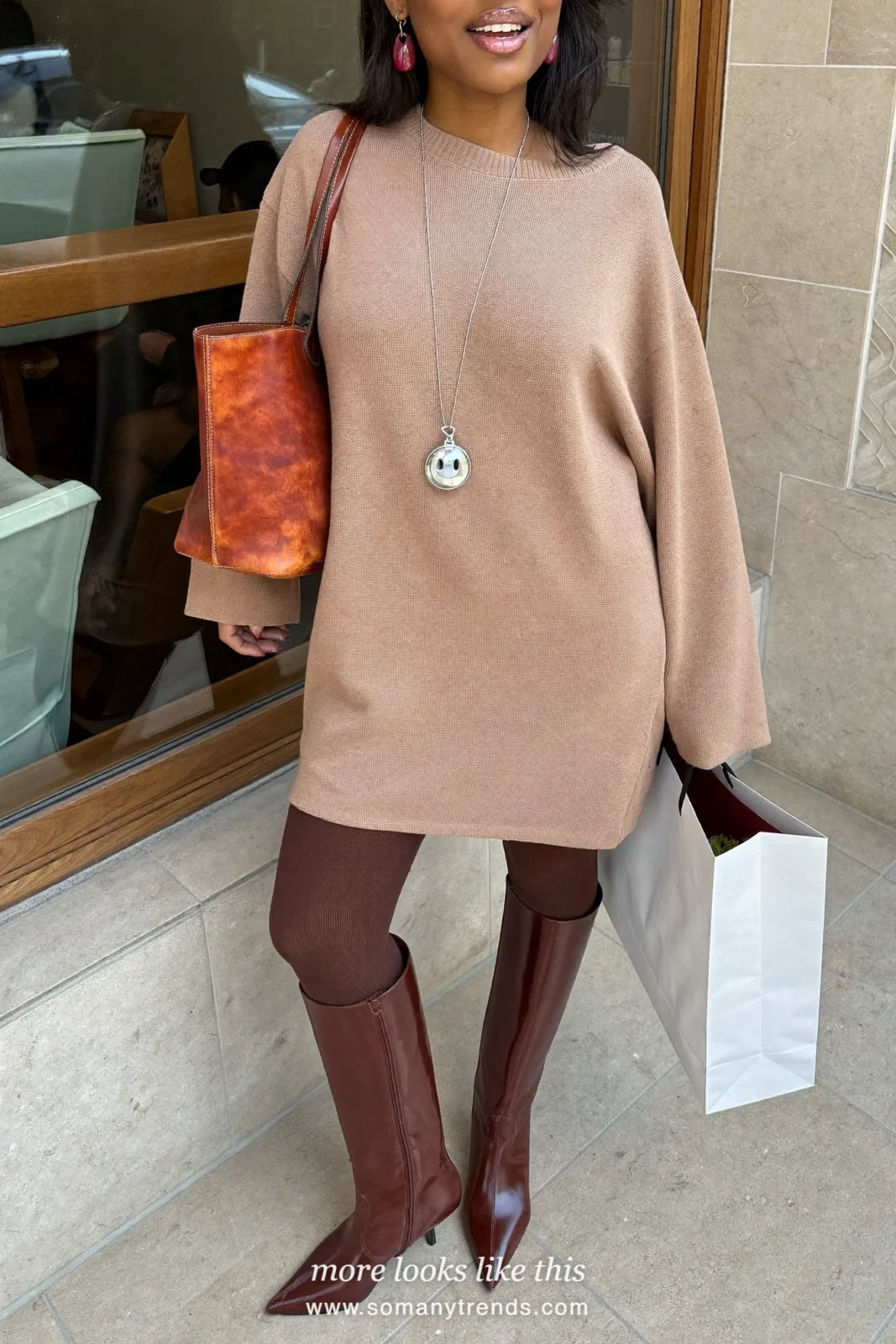 Camel knit dress to the knee, brown opaque tights, brown pointed knee-high boots and rust bag, outfit 20