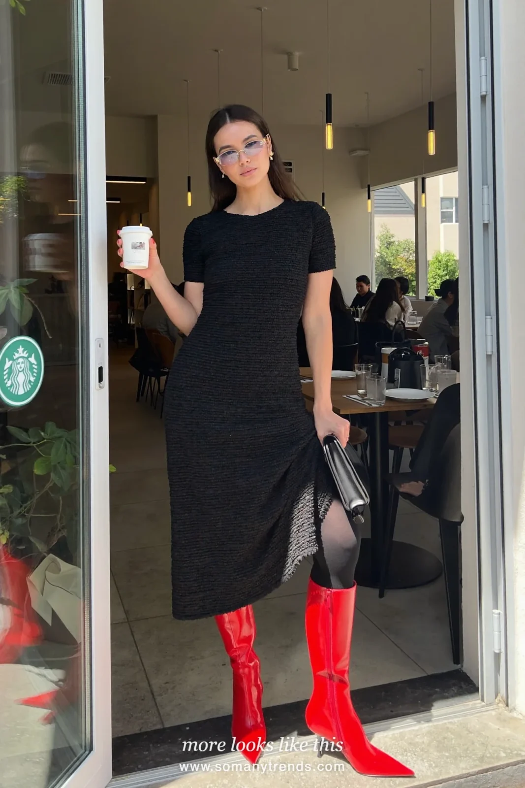 Black knit dress to the knee, sheer black tights, red pointed knee-high boots and black bag, outfit 22