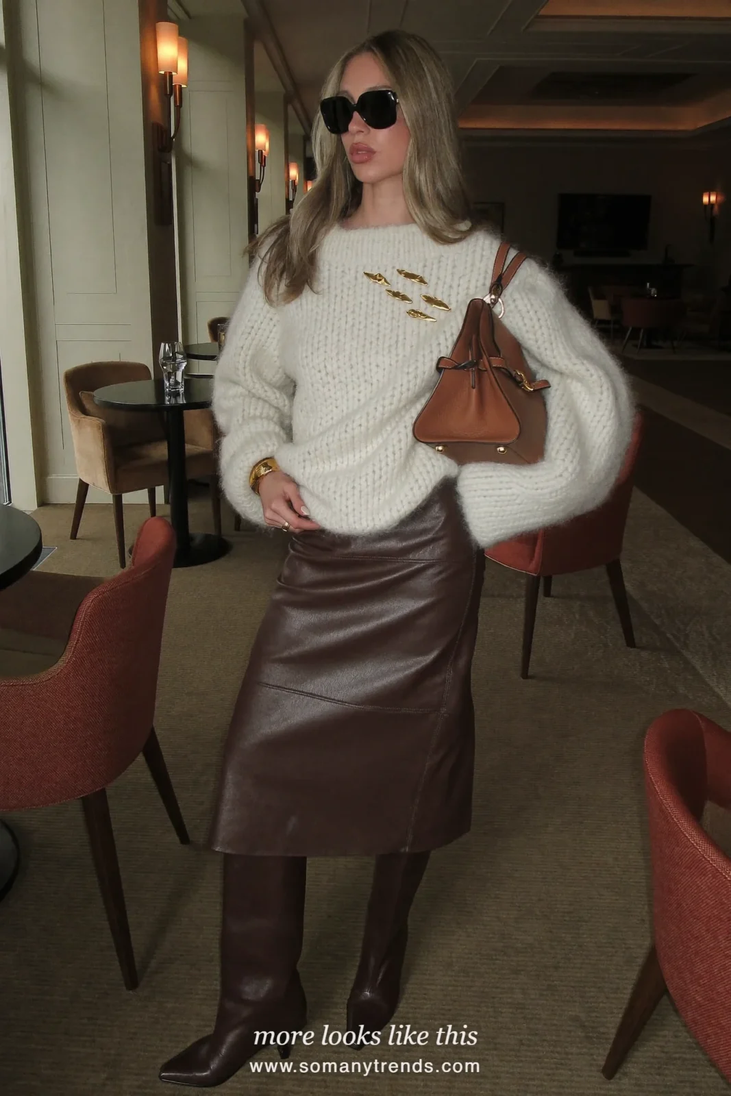 Cream chunky knit, chocolate brown leather midi skirt and brown pointed knee-high boots, outfit 26