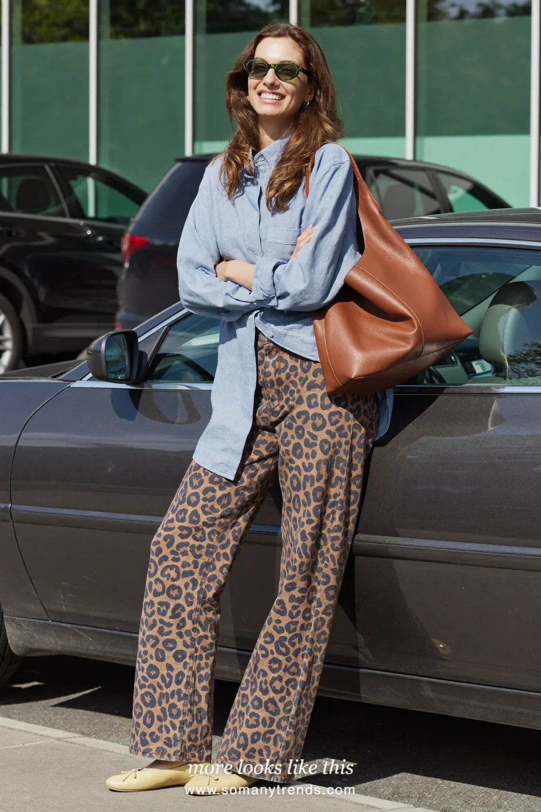Woman in chambray shirt, leopard print straight jeans, cream ballet flats and brown leather hobo bag, outfit 13
