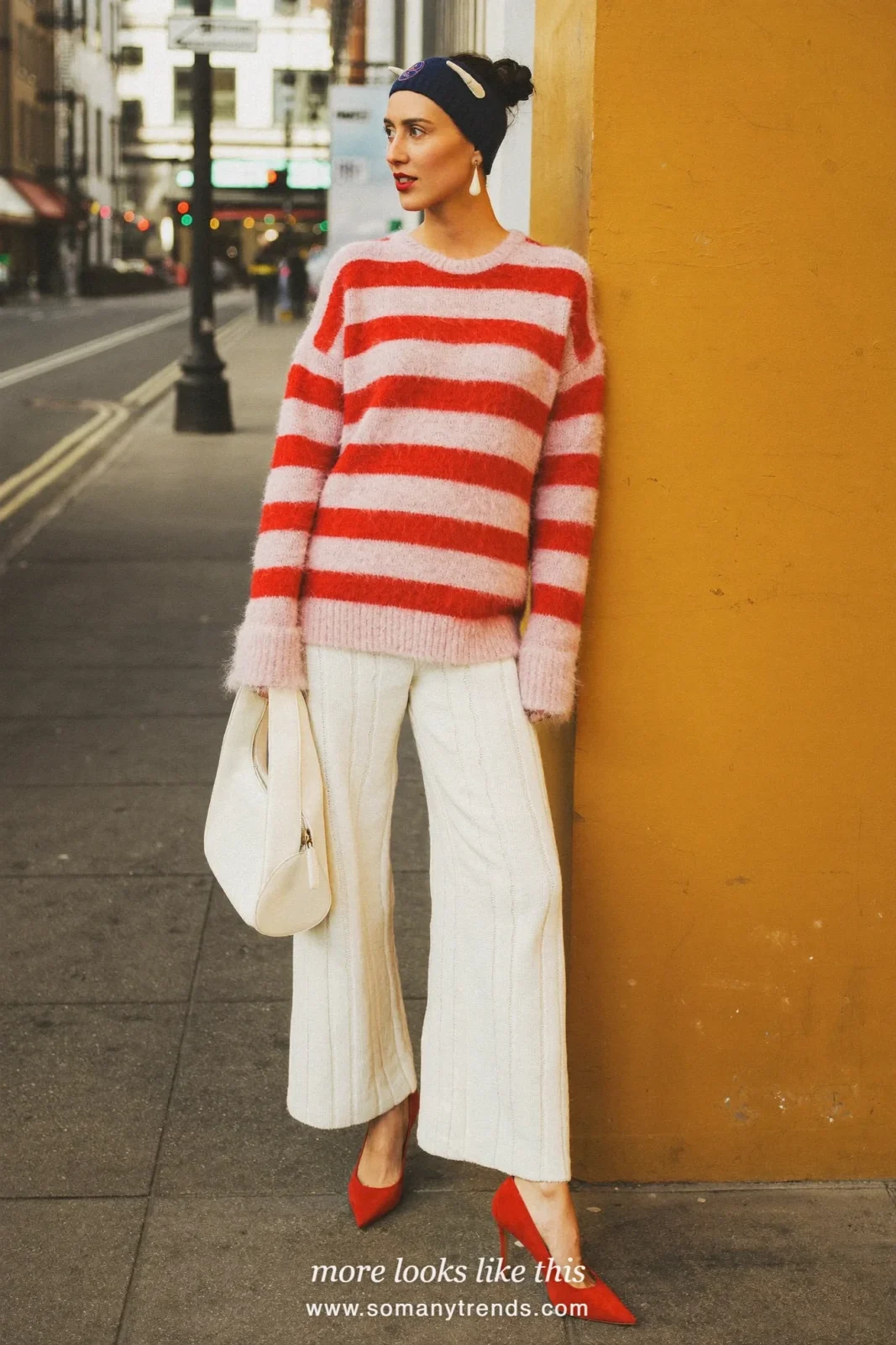 Pink and red striped mohair sweater, ivory knit pants and red suede pumps, outfit 4