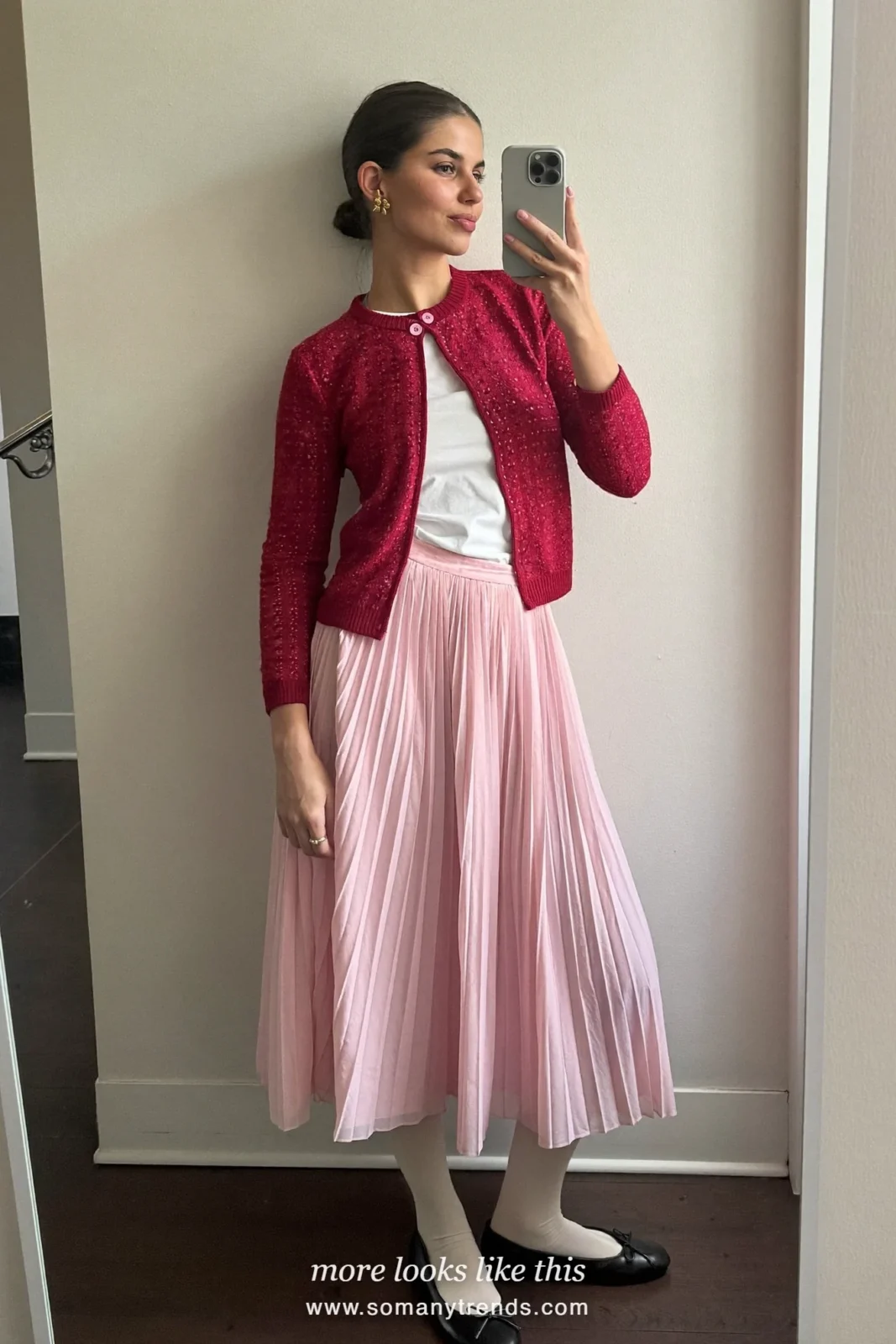 Merlot cardigan, white tee, pale pink midi skirt, cream tights and black ballet flats, outfit 6
