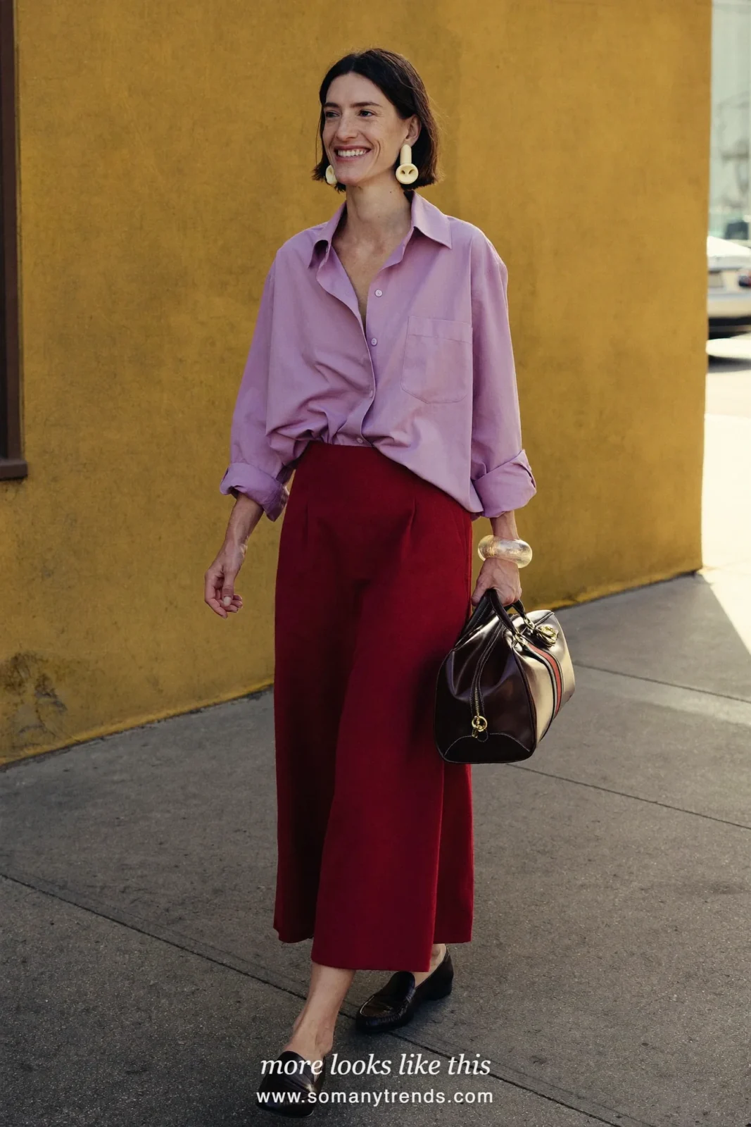 Pale pink poplin shirt, deep red midi skirt and brown loafers, outfit 8