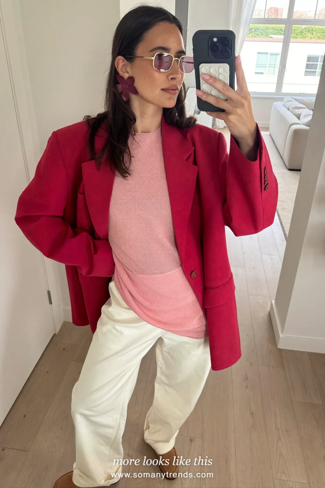 Red relaxed blazer, pale pink knit shell, ivory wide-leg pants and camel loafers, outfit 9