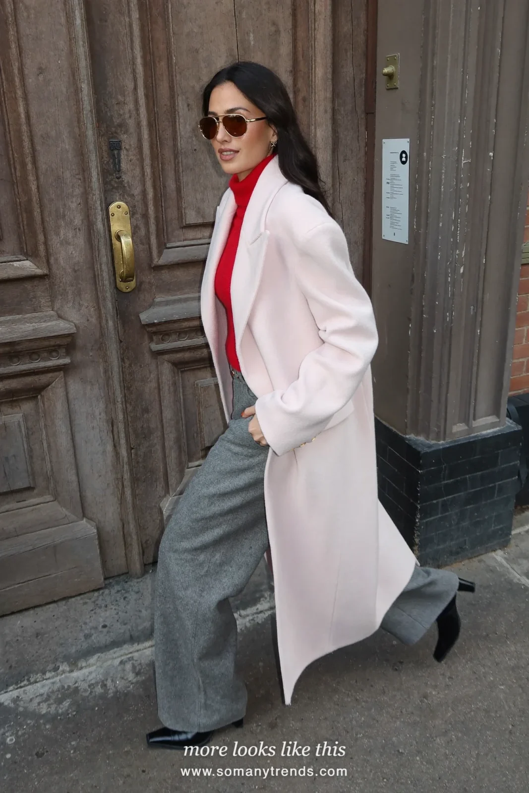 Pale pink wool coat, cherry red turtleneck, gray wool pants and black boots, outfit 10