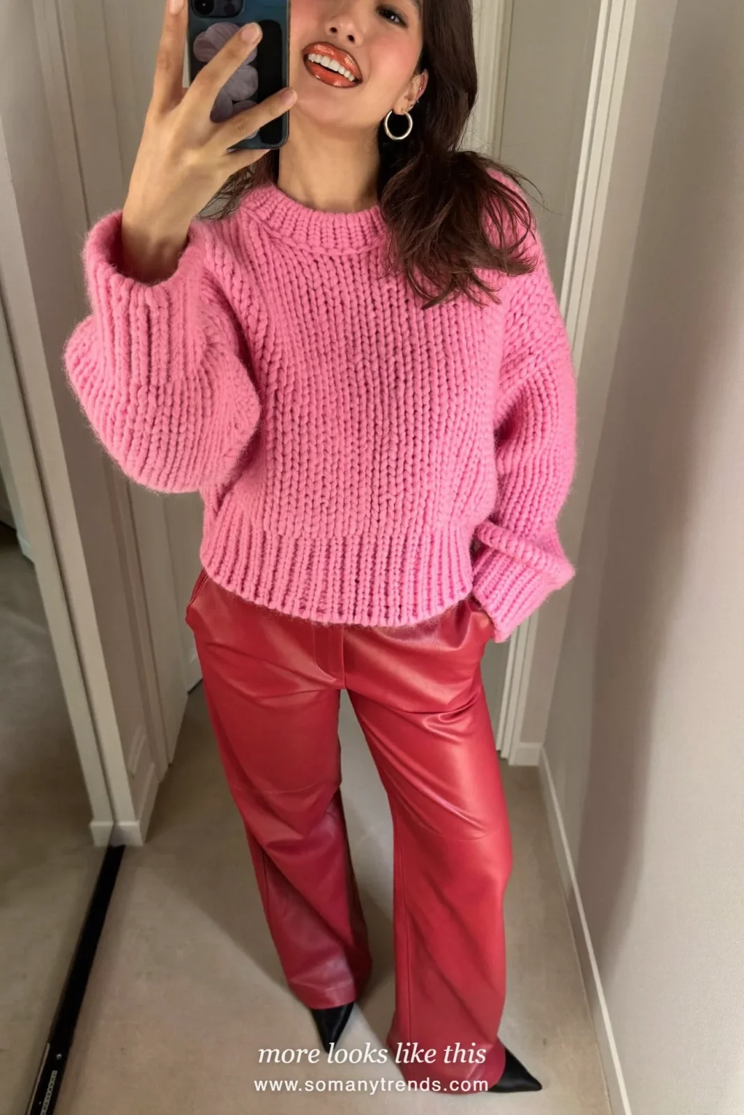 Bubblegum pink knit sweater, tomato red leather wide-leg pants, black pointed boots and brown bag, outfit 12