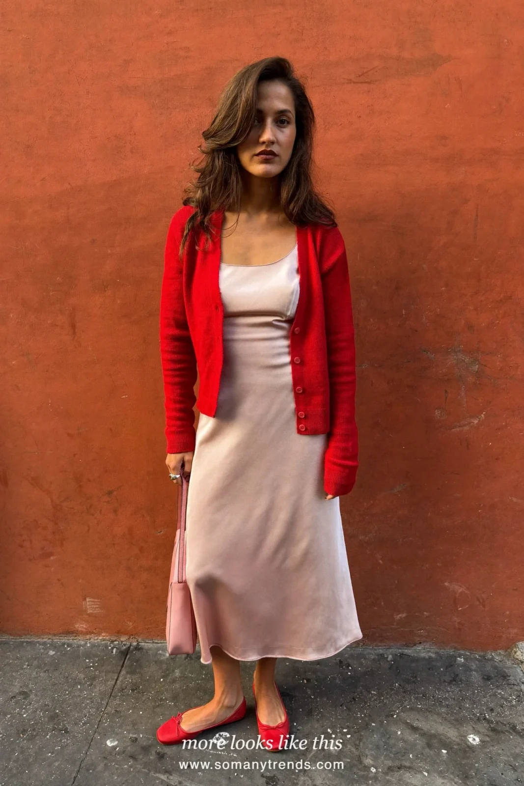 Pink satin slip dress, red cropped cardigan, sheer black tights and red ballet flats, outfit 19