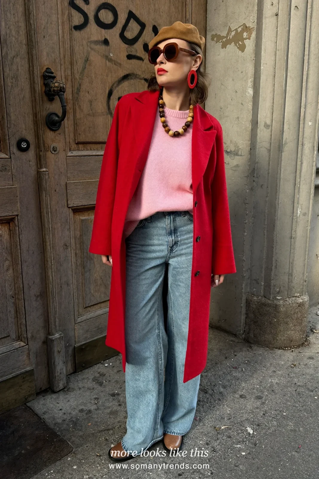 Cherry red wool coat, pale pink sweater, light wide-leg jeans and tan boots, outfit 20