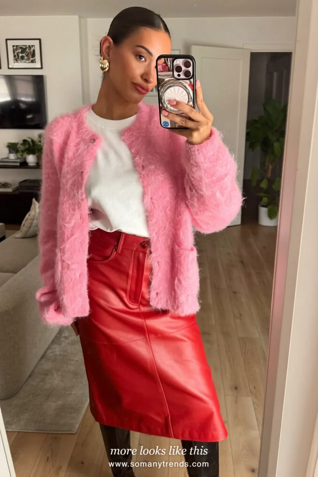Pink mohair cardigan, white tee, red leather midi skirt and black tall boots, outfit 21