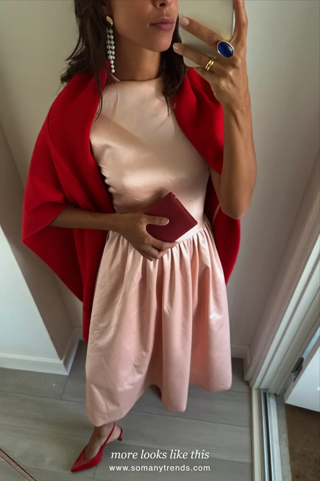 Pale pink satin midi dress, deep red shawl, red slingback heels and red clutch, outfit 24