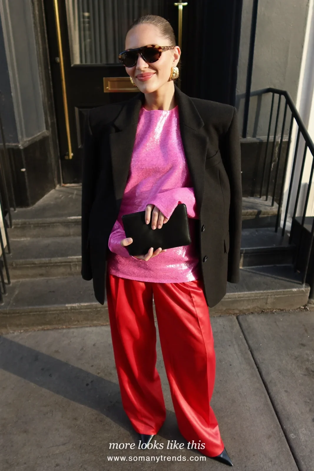 Pink sequin top, red satin wide-leg pants, black blazer and black pointed pumps, outfit 25