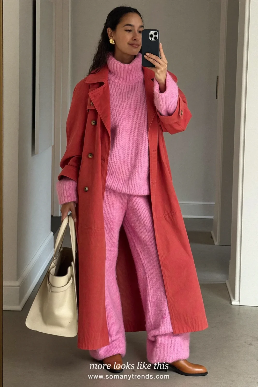Pink knit two-piece set, red trench coat, cream tote and tan boots, outfit 27
