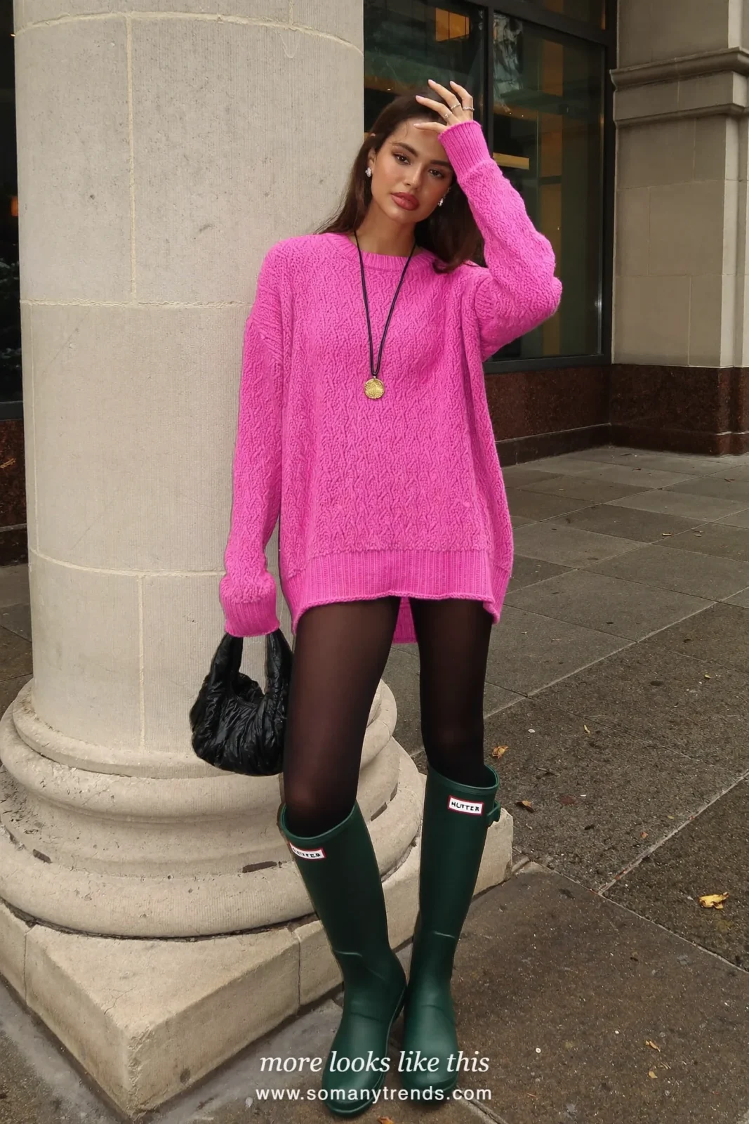 Woman in dark green glossy tall rain boots, black tights and hot pink knit dress at a party entrance, outfit 25