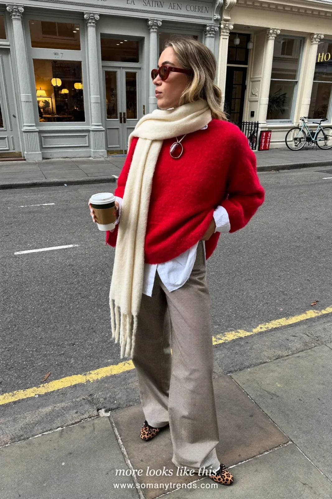 Woman in a red mohair sweater over a white shirt, gray flannel straight pants and leopard print ballet flats, outfit 2