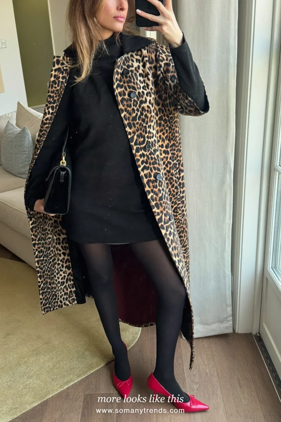 Woman in a leopard print coat, black long-sleeve knit dress, black opaque tights and red pumps, outfit 12