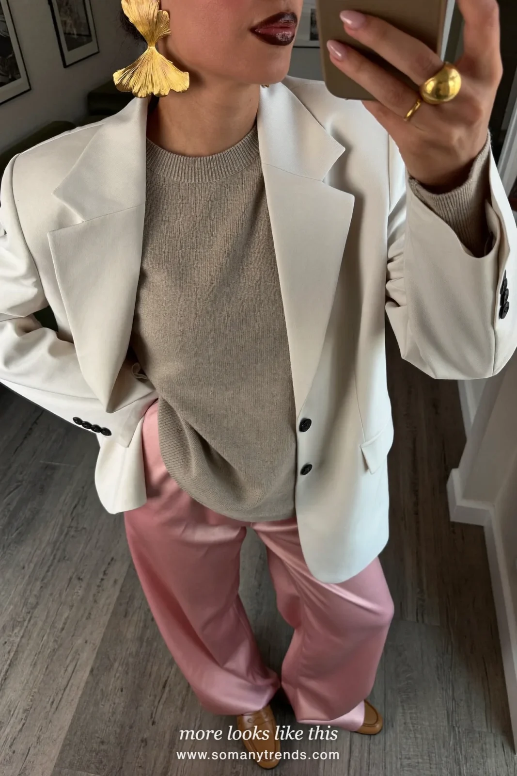 Look 3: white blazer, oatmeal knit, dusty pink satin pants and camel loafers