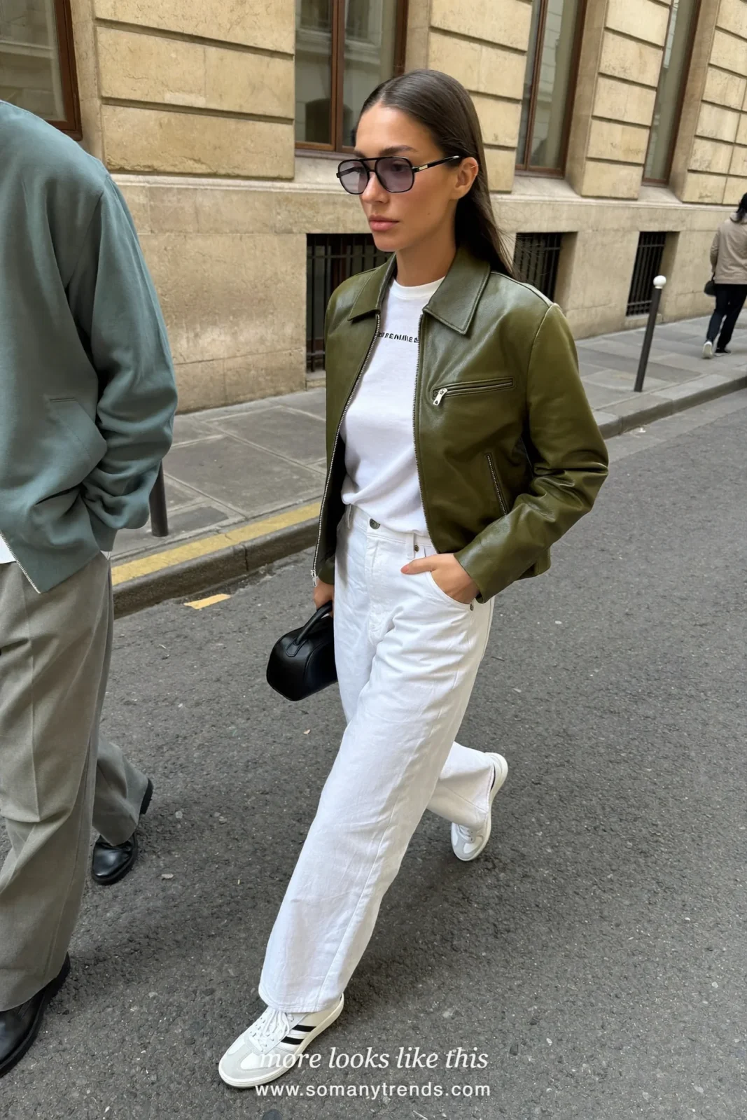 Look 5: olive leather jacket, white wide-leg pants, butter yellow bag and cream tee