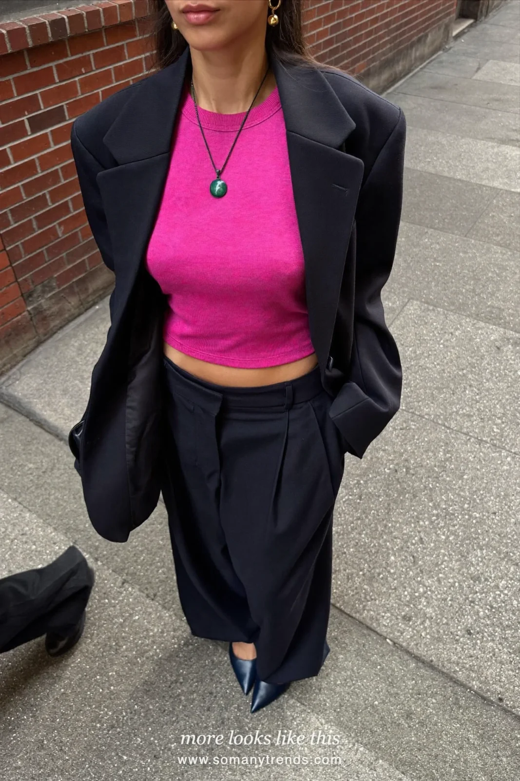 Look 8: navy blazer, hot pink fine knit, navy wide-leg pants and navy pumps