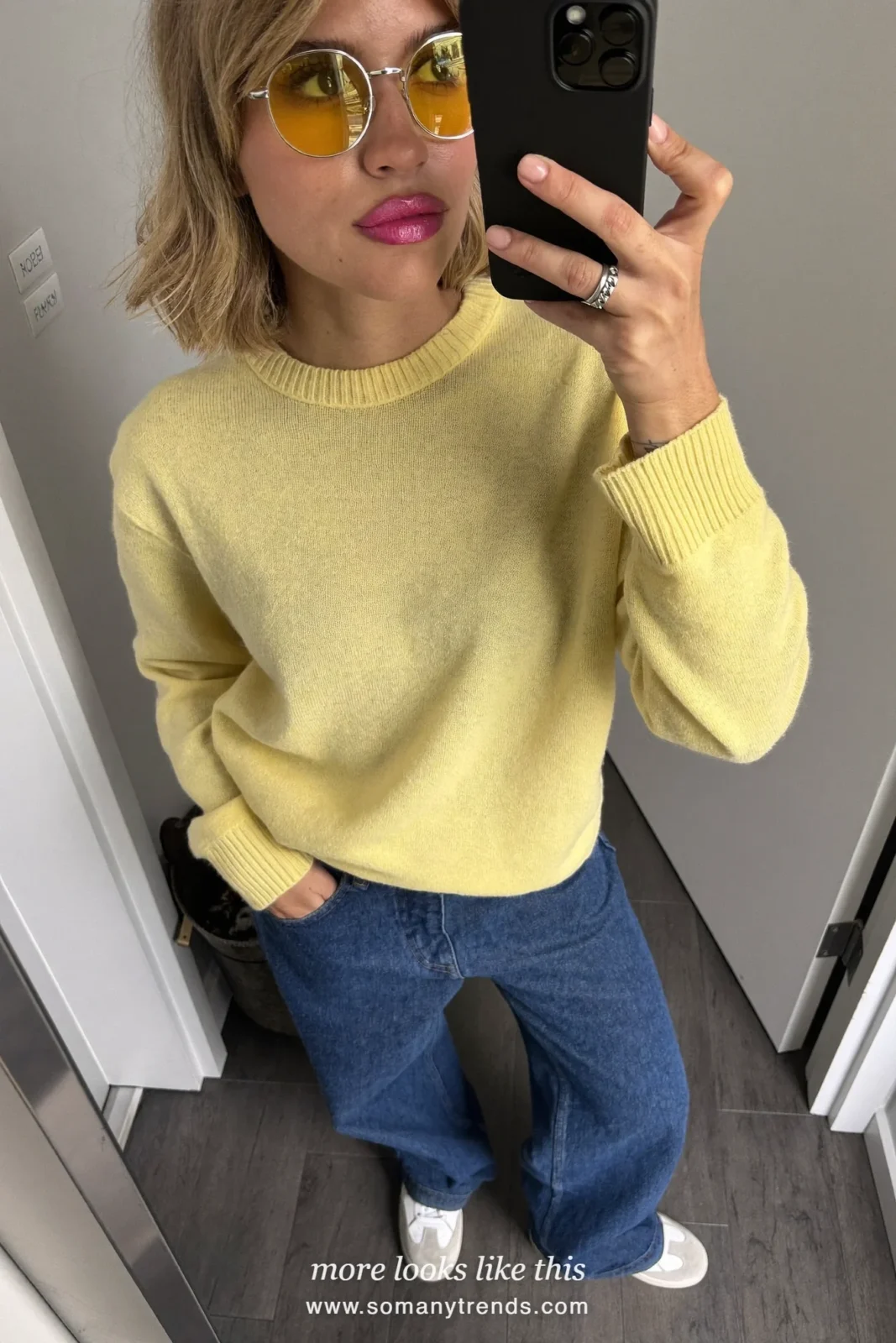 Look 12: butter yellow knit sweater, sky blue wide-leg jeans and white sneakers
