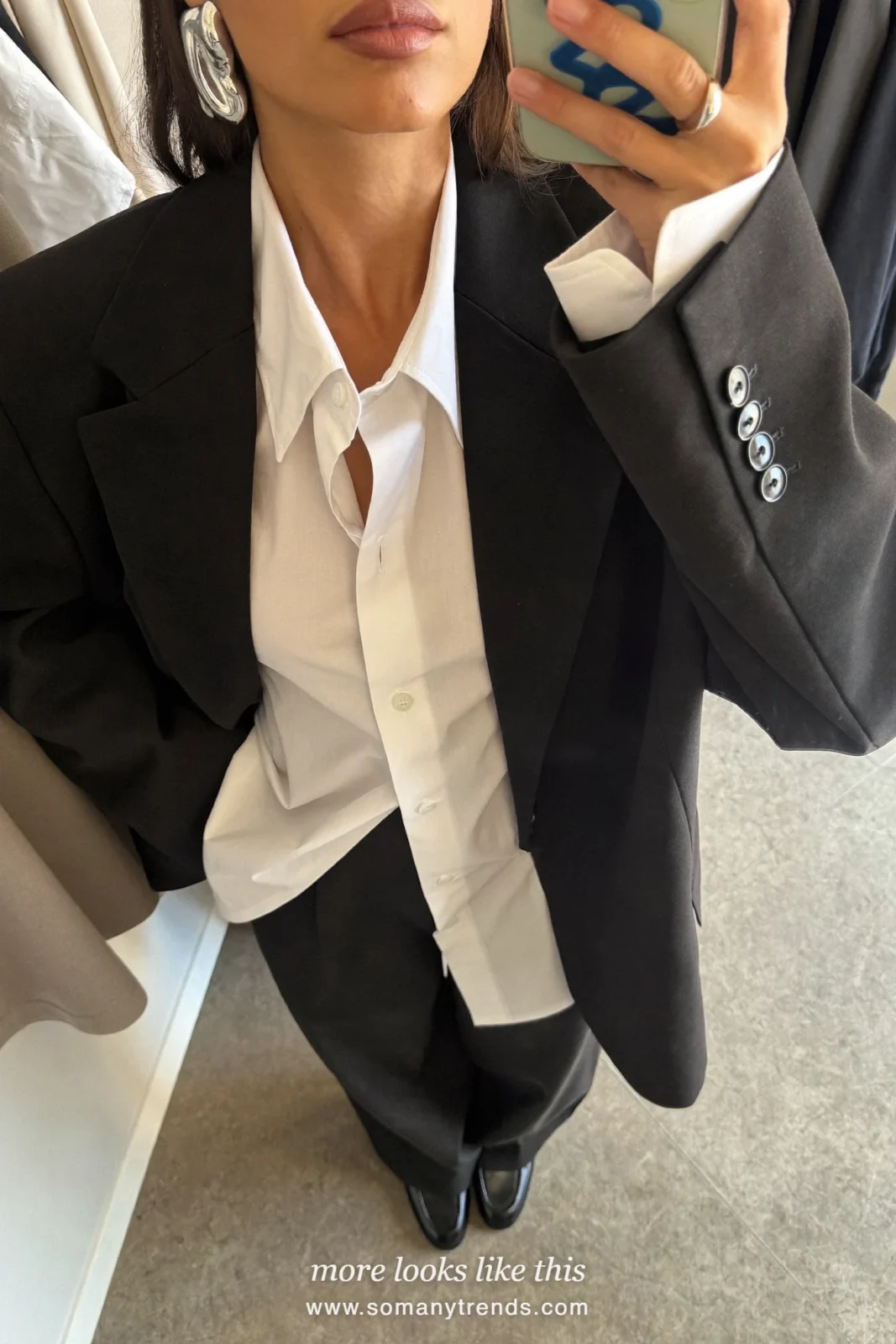 Look 15: white poplin shirt, black oversized blazer, black wide-leg pants and black loafers