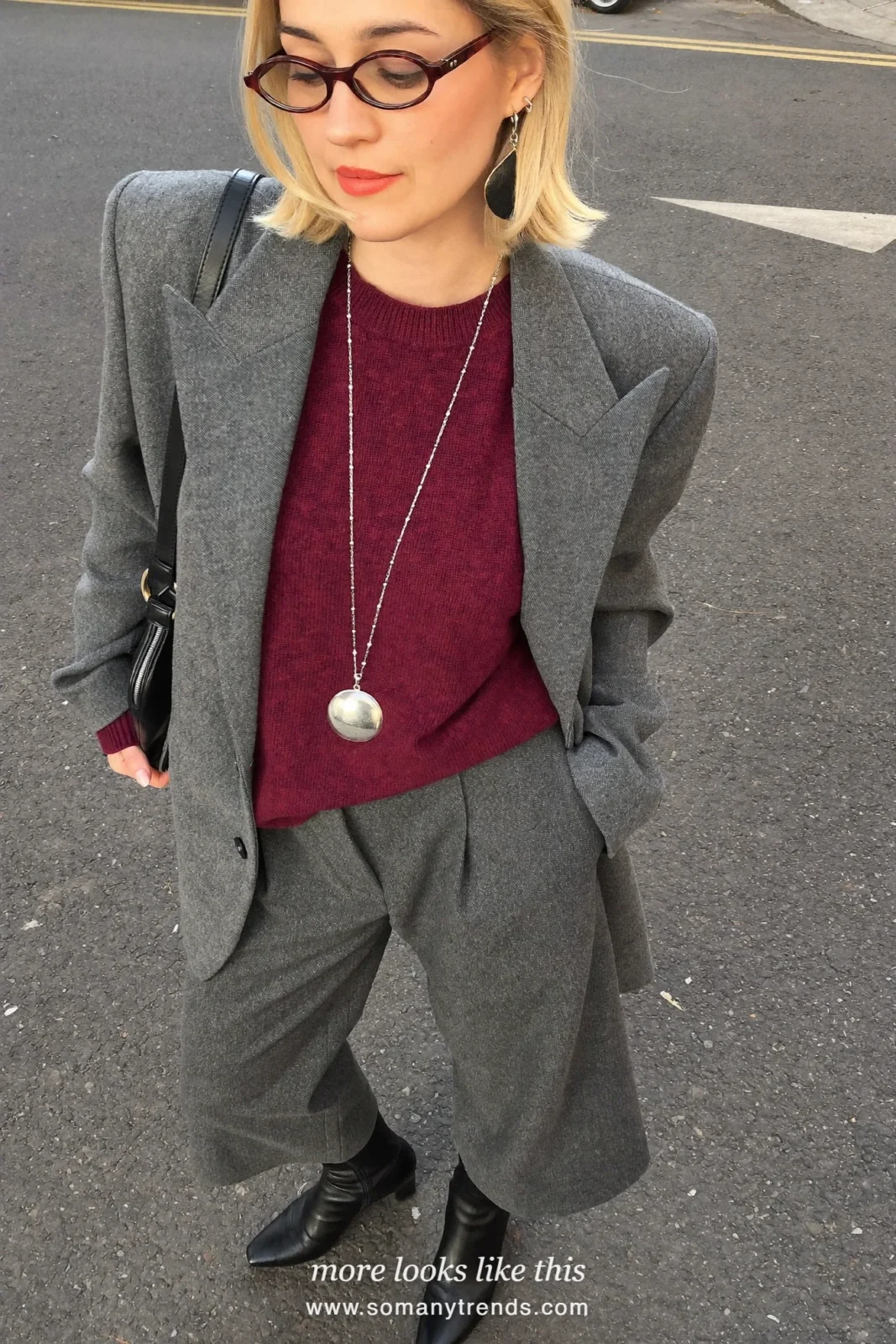 Look 20: gray wool blazer, burgundy knit sweater, gray wide-leg pants and black boots