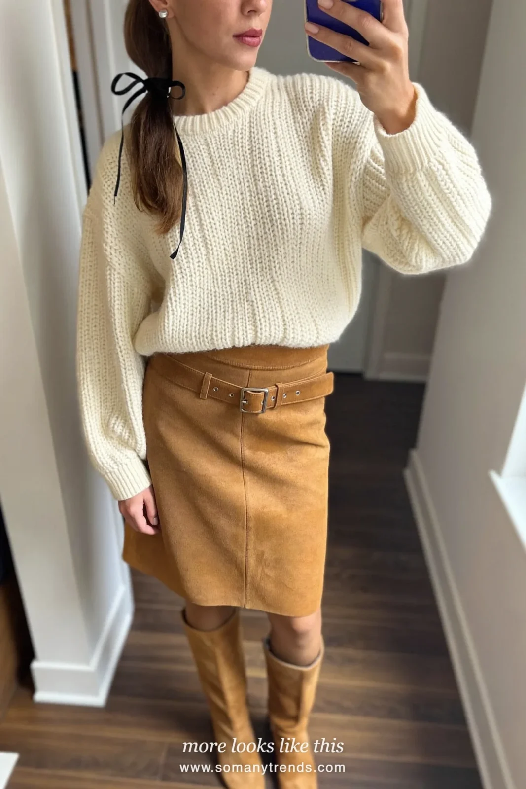 Look 21: ivory knit sweater, caramel suede midi skirt and caramel boots