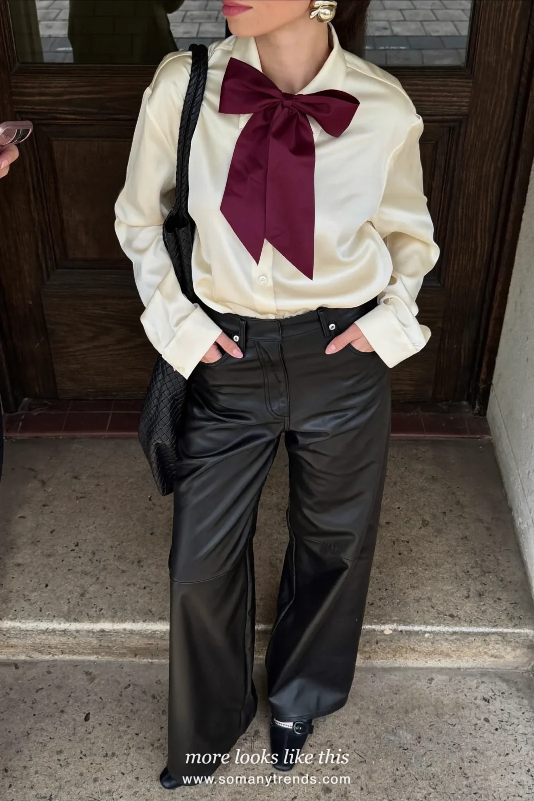 Look 26: cream silk top, black leather pants and black heels