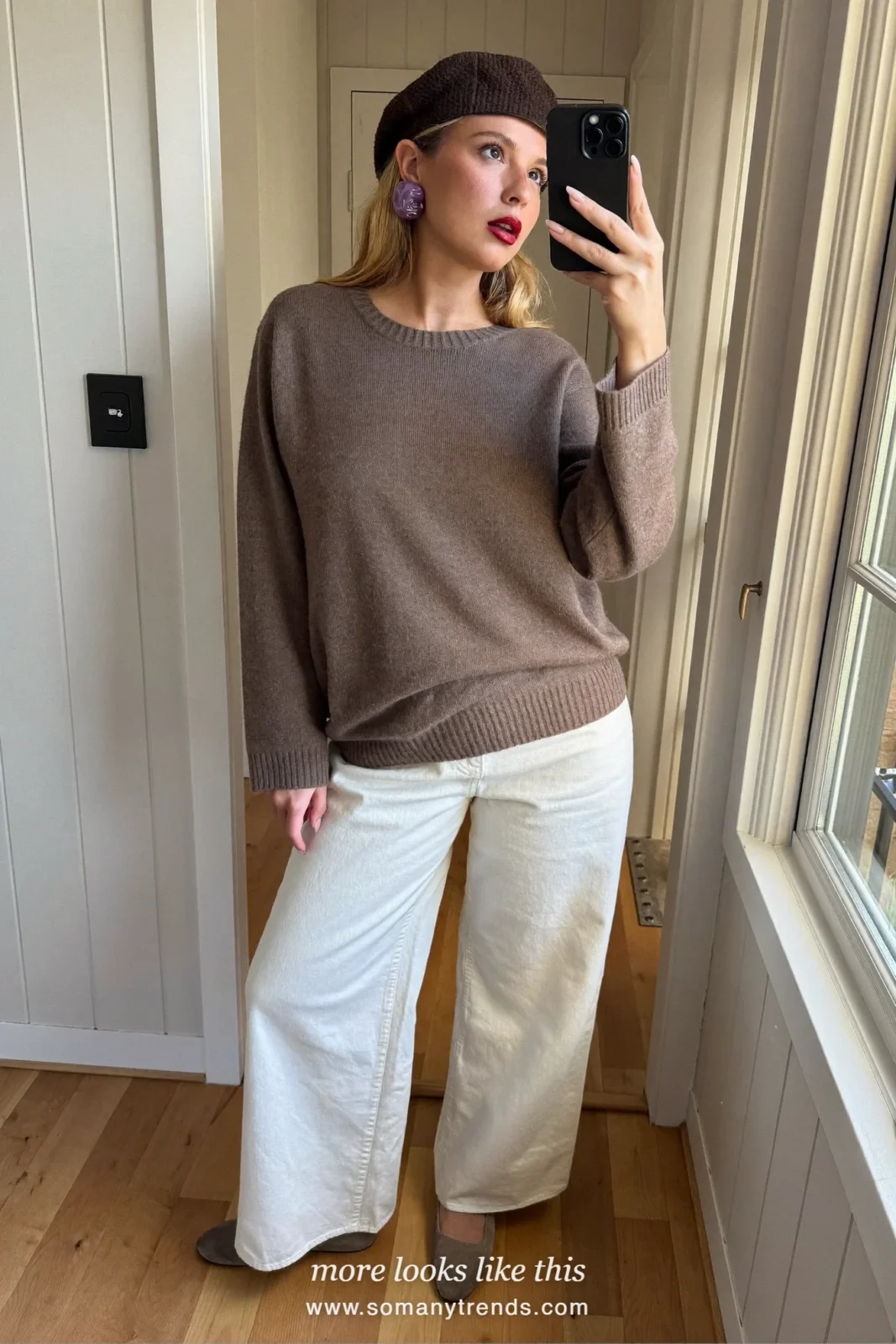 Look 27: taupe knit sweater, white wide-leg pants and taupe flats