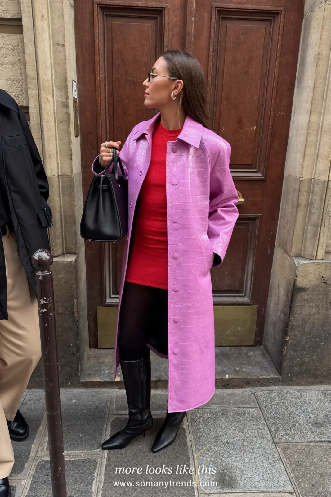 Hot pink croc-embossed leather trench, red knit mini dress, black knee boots and black bag, outfit 5