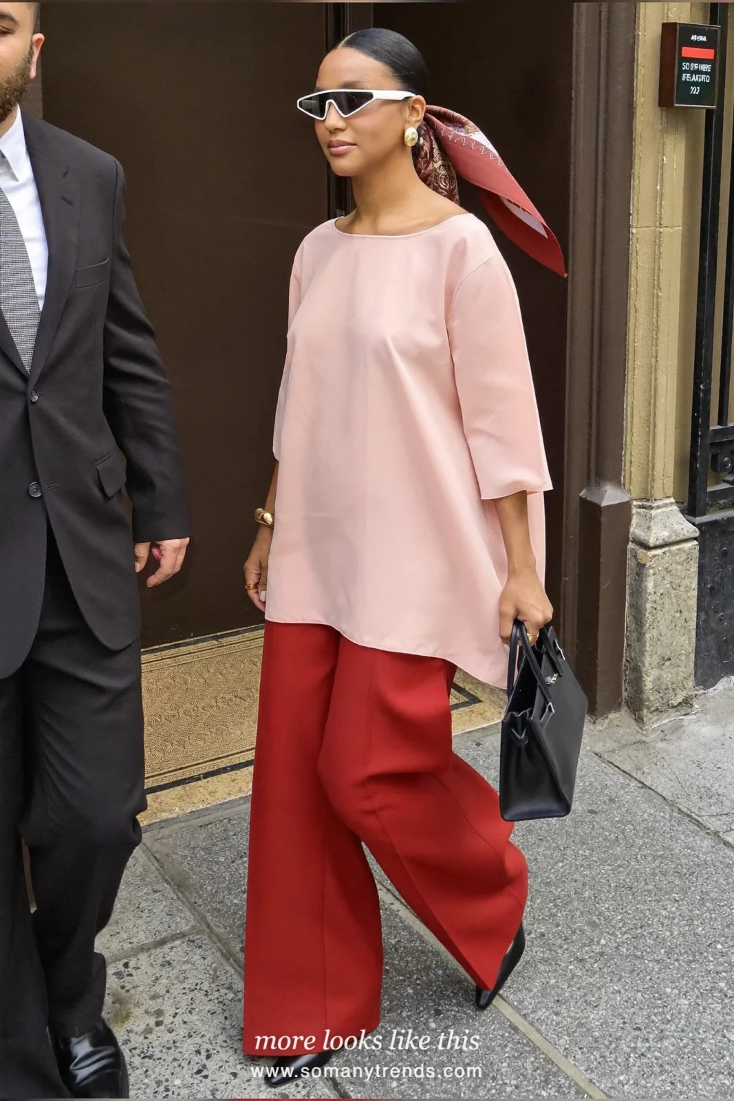 Blush blouse, merlot wide-leg pants, black pointed pumps and structured bag, outfit 7
