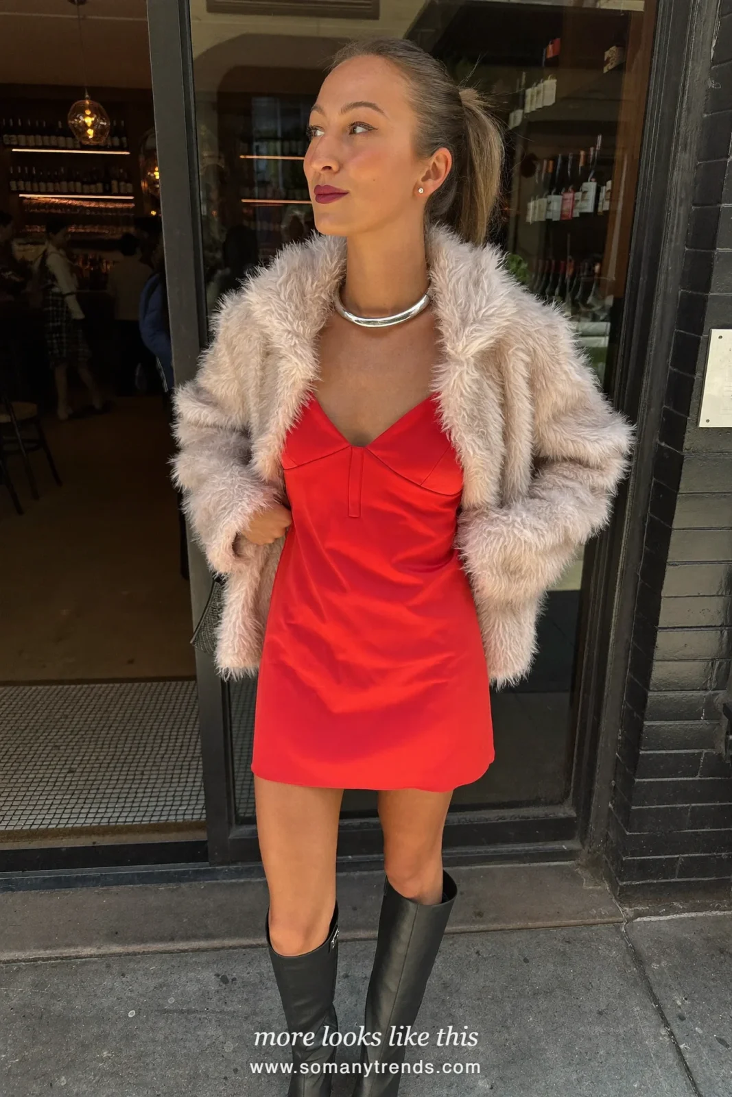 Short blush pink faux fur coat, red slip dress, black opaque tights and black knee boots, outfit 14