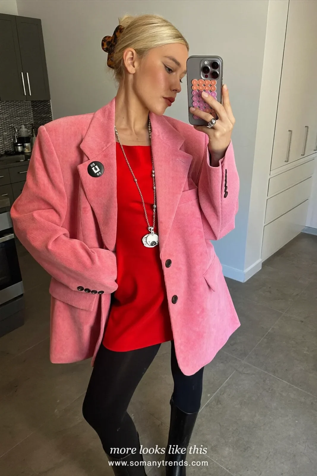Pink corduroy blazer, red mini dress, black tights and emerald green bag, outfit 15