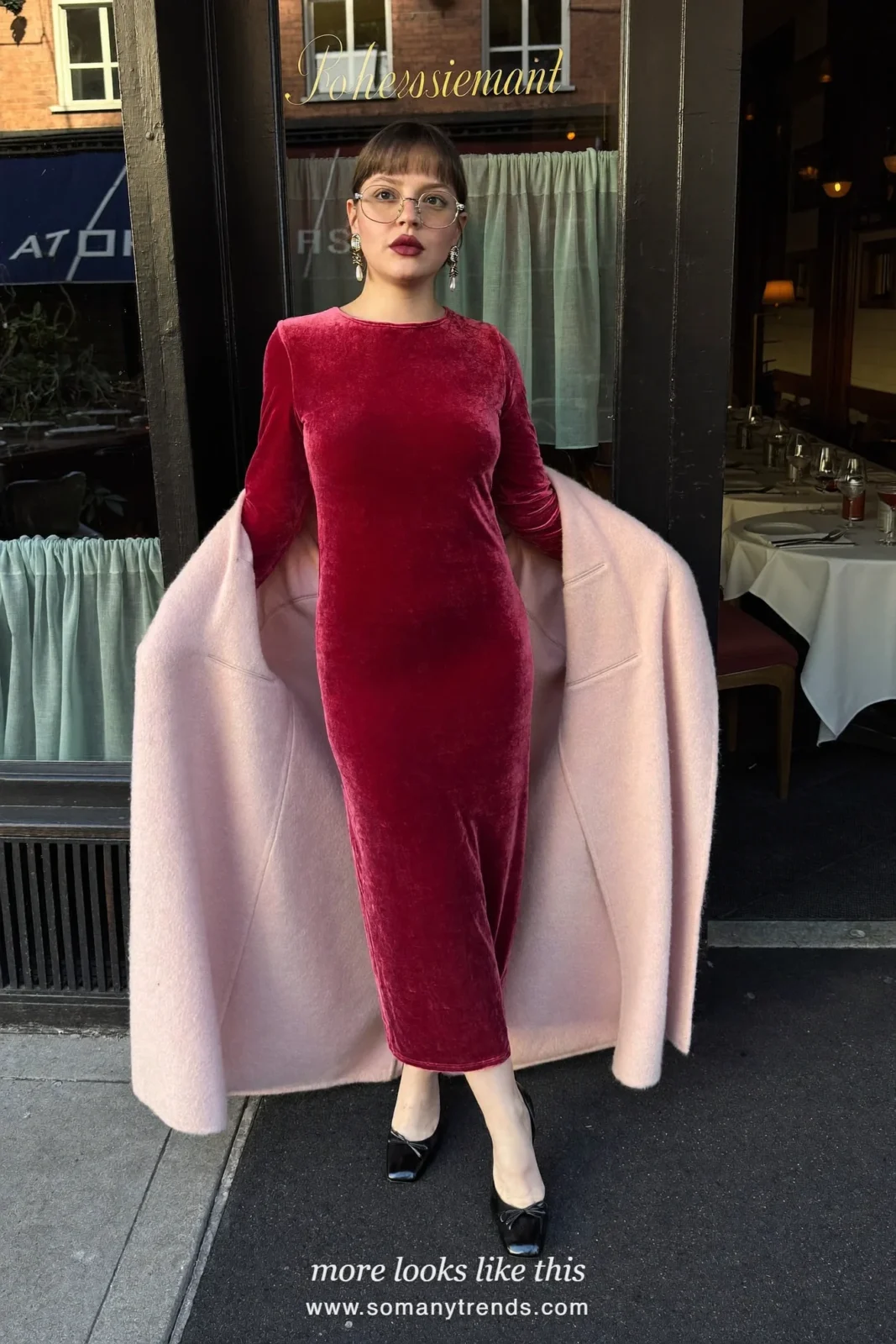 Red velvet midi dress, pale pink wool coat, black tights and black block-heel pumps, outfit 23