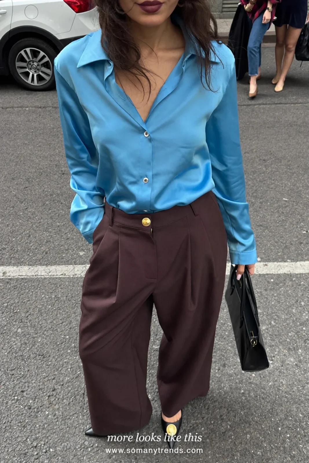 Look 4: sky blue silk blouse, dark aubergine pleated pants, black pointed pumps and small black bag
