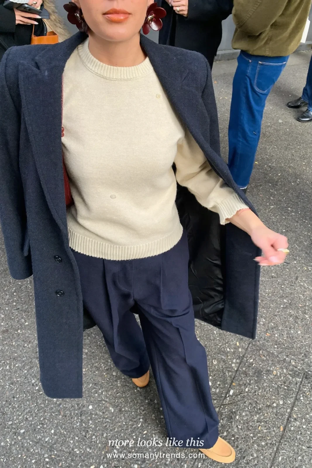 Look 7: navy wool coat, cream cashmere sweater, navy pants and tan loafers
