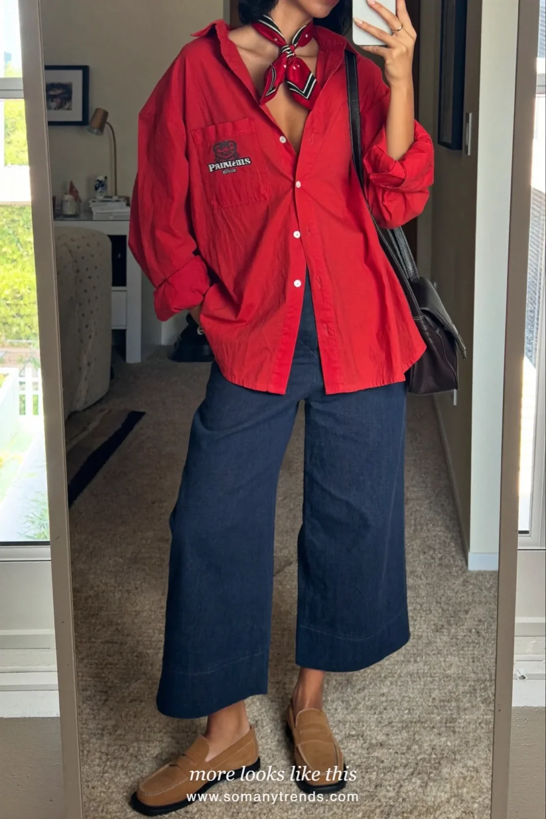 Look 9: oversized red shirt, navy wide-leg pants and tan loafers