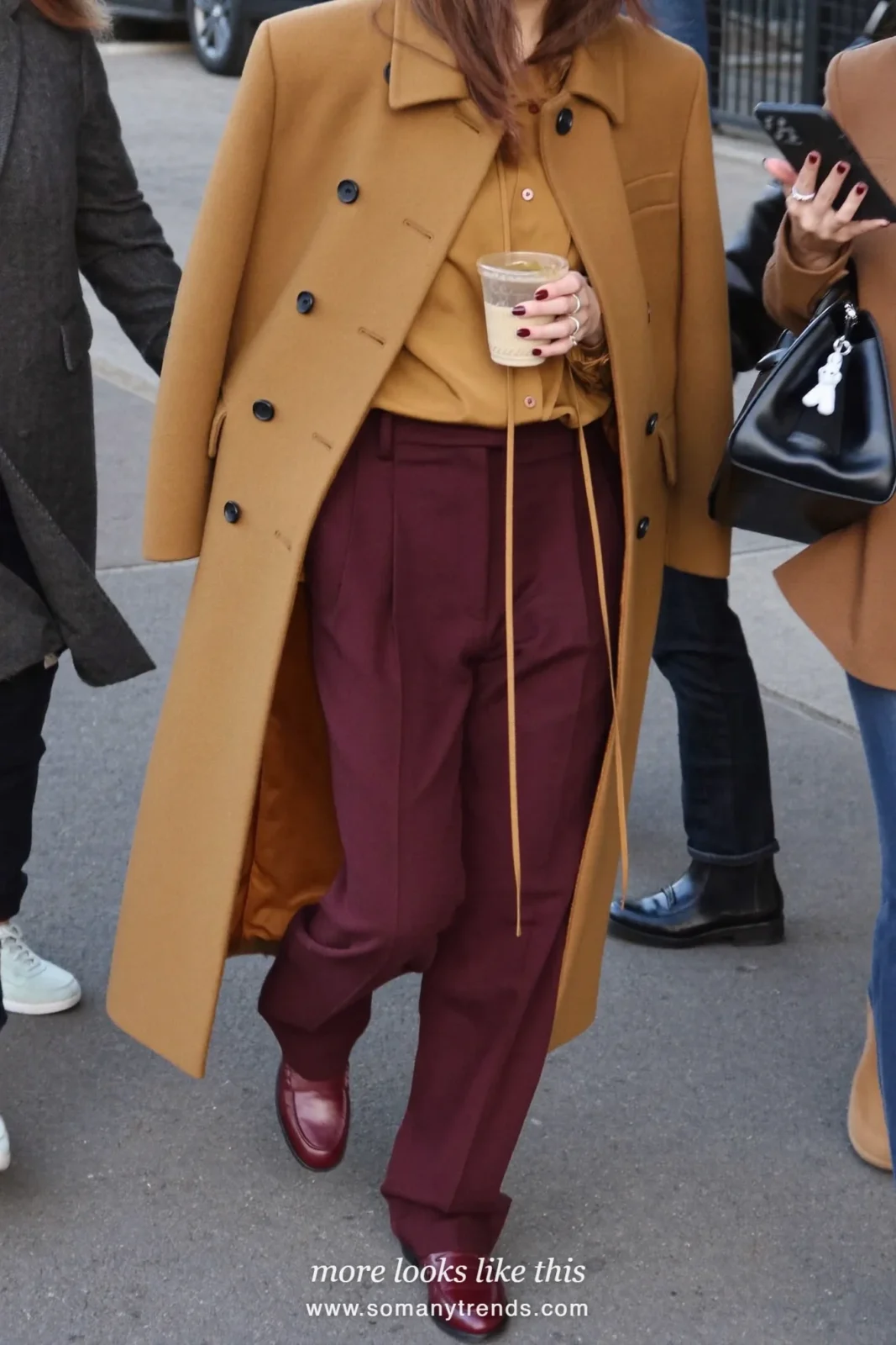 Look 14: camel silk blouse, burgundy wide-leg pants and burgundy leather loafers