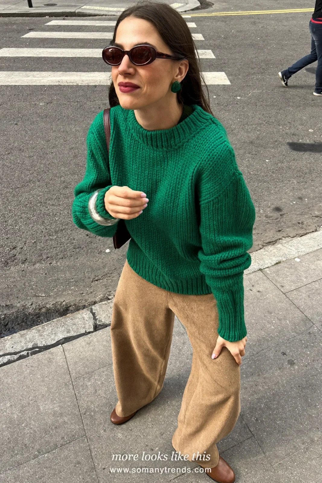 Look 25: forest green knit sweater, camel wide-leg pants and brown boots