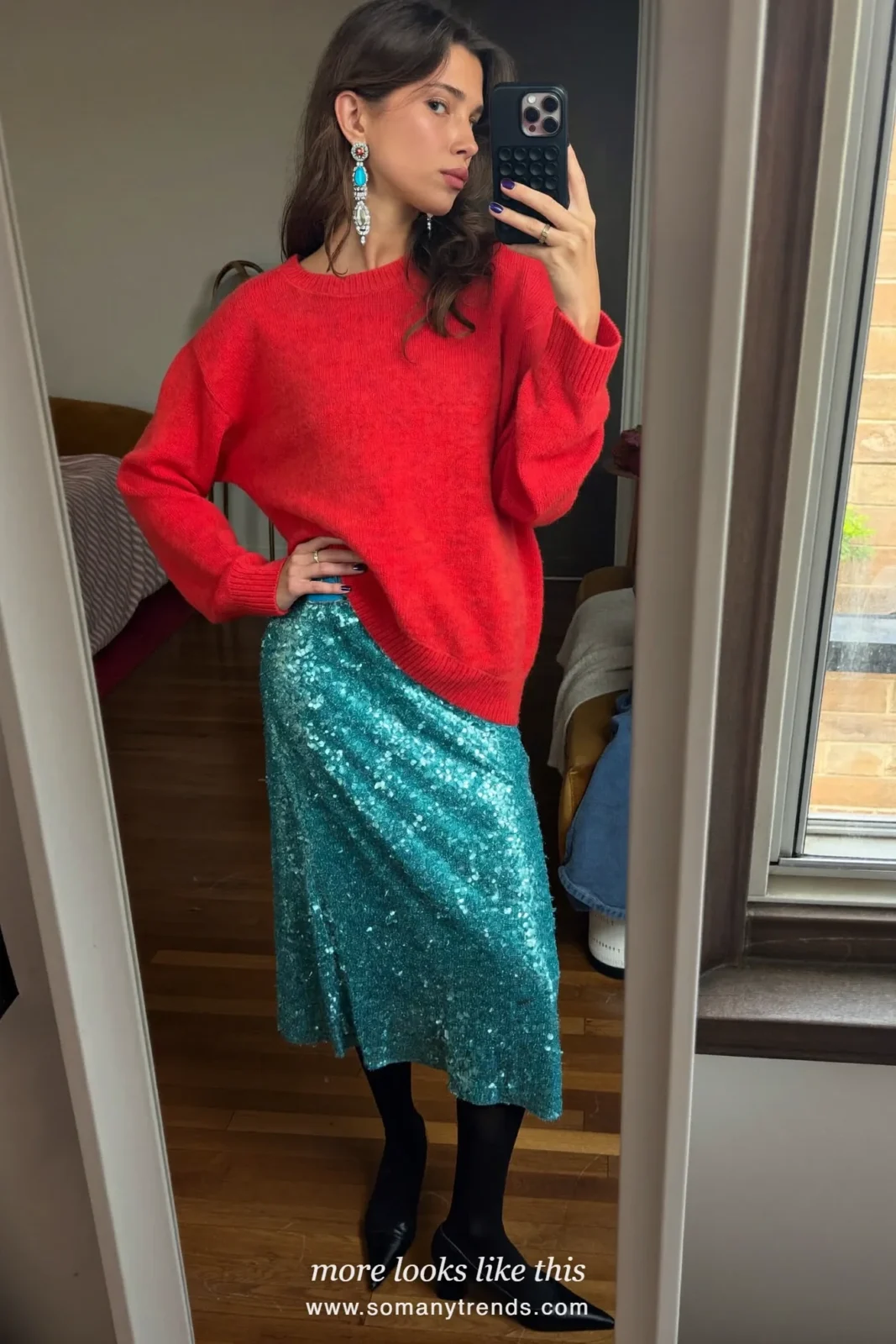 Woman in a coral red knit sweater, aqua sequin midi skirt, black tights and black pumps, outfit 6