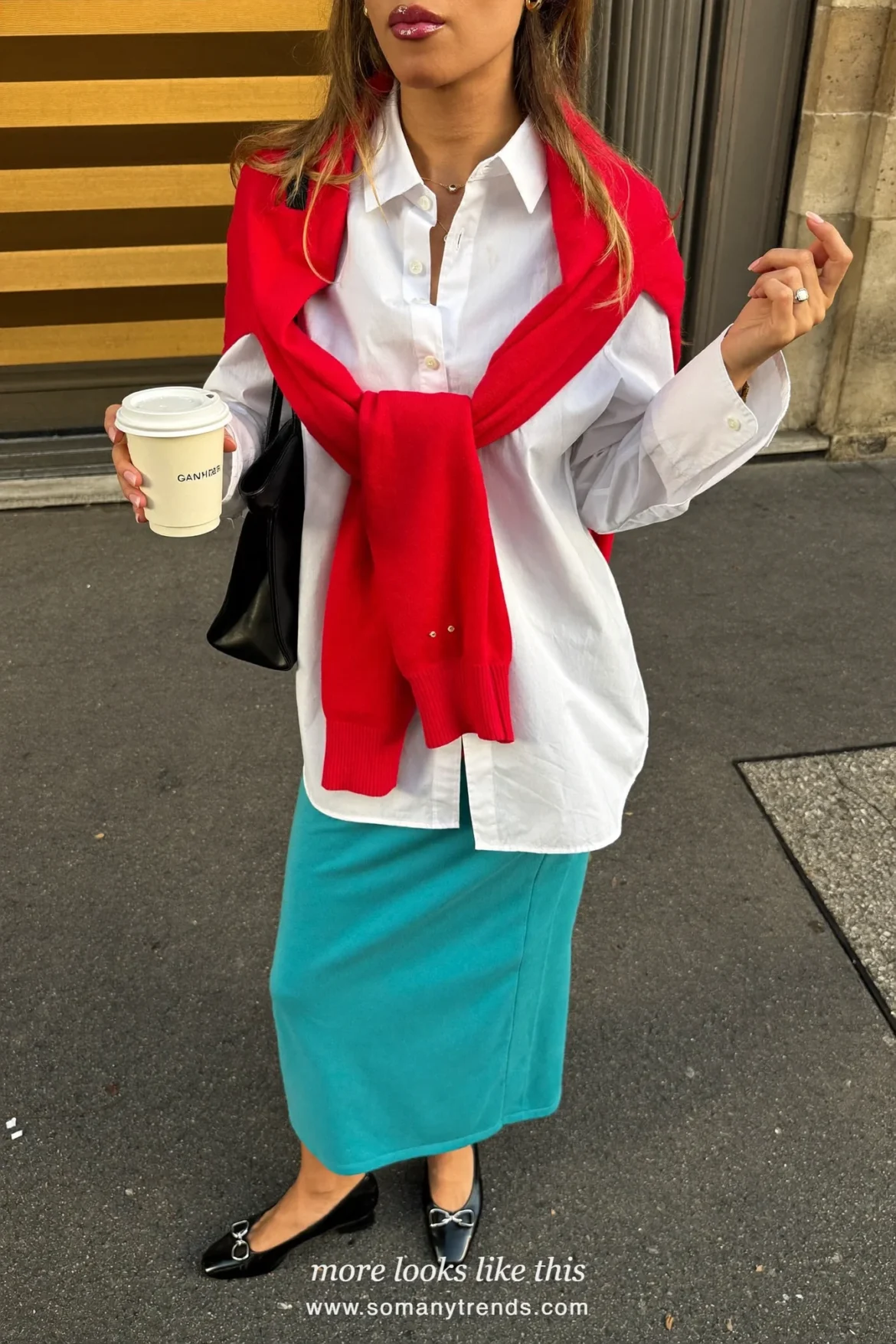 Woman in a white shirt, aqua midi skirt, coral red cardigan tied on shoulders and flats, outfit 20