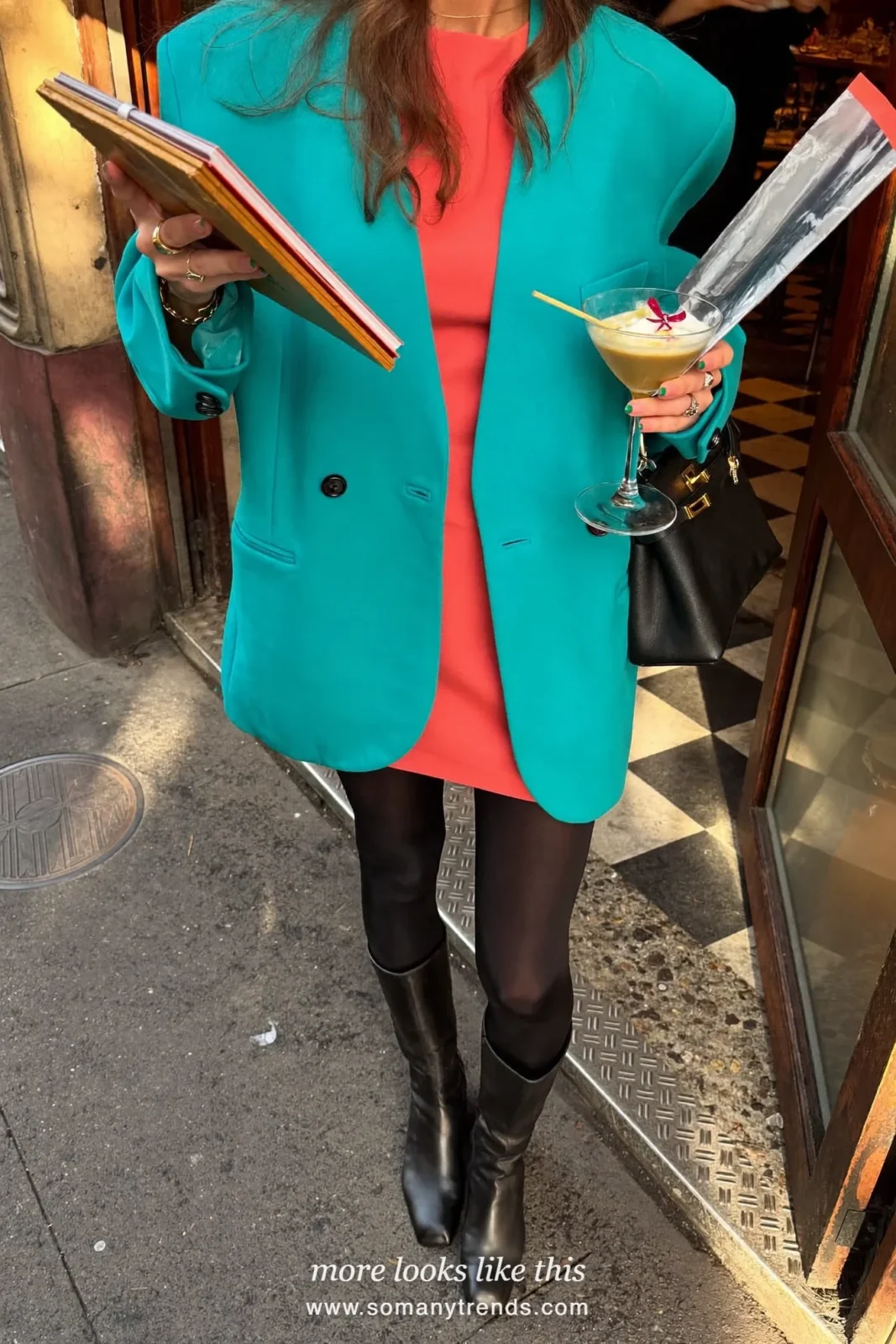 Woman in a coral red mini dress, oversized aqua blazer, black tights and boots, outfit 22